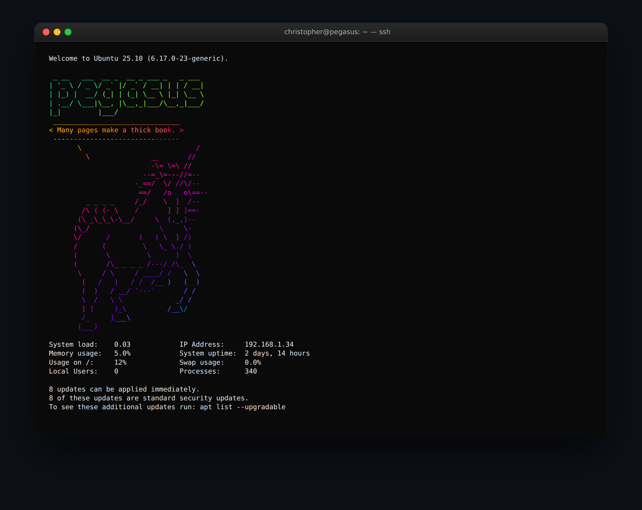 Pegasus MOTD screenshot — figlet banner, fortune in a unicorn cowsay bubble, sysinfo block